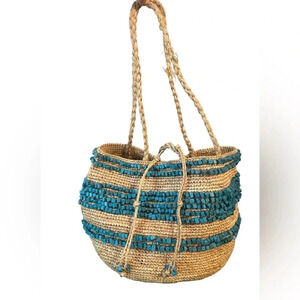 J. Crew Woven Straw Turquoise Stone Detail Tote Bag